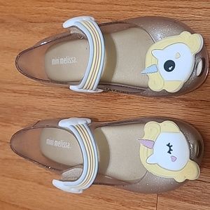 MINI MELISSA ULTRA GIRL UNICORN PEEP TOE SHOES CLEAR/GOLDGLITTER in size C11